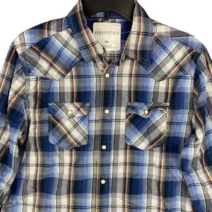 Aeropostale‎ Western Pearl Snaps Shirt Mens Medium Plaid Rodeo Cowboy Farm Chore